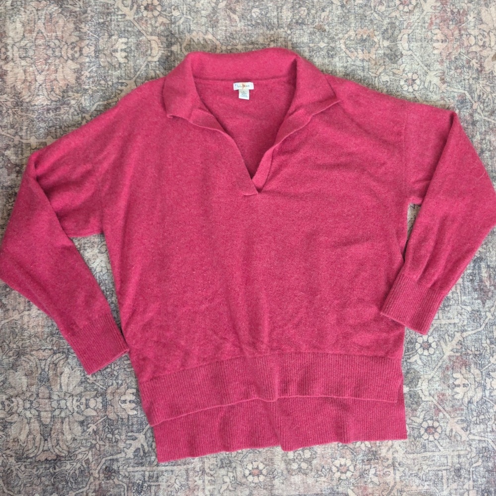 LL Bean Womens Pink 100% Cashmere Polo V-Neck Sweater Size Large High Low Hem